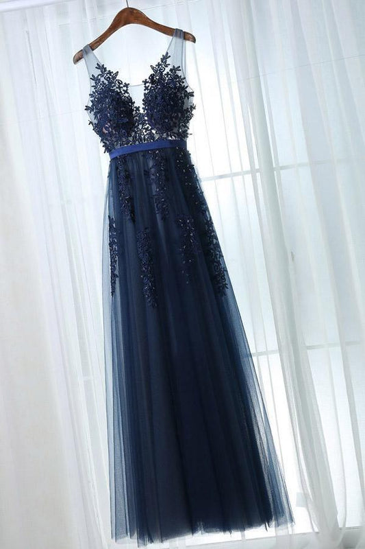 A-shaped V-neck and floor length navy blue sheer floral backless and floor length ball dress