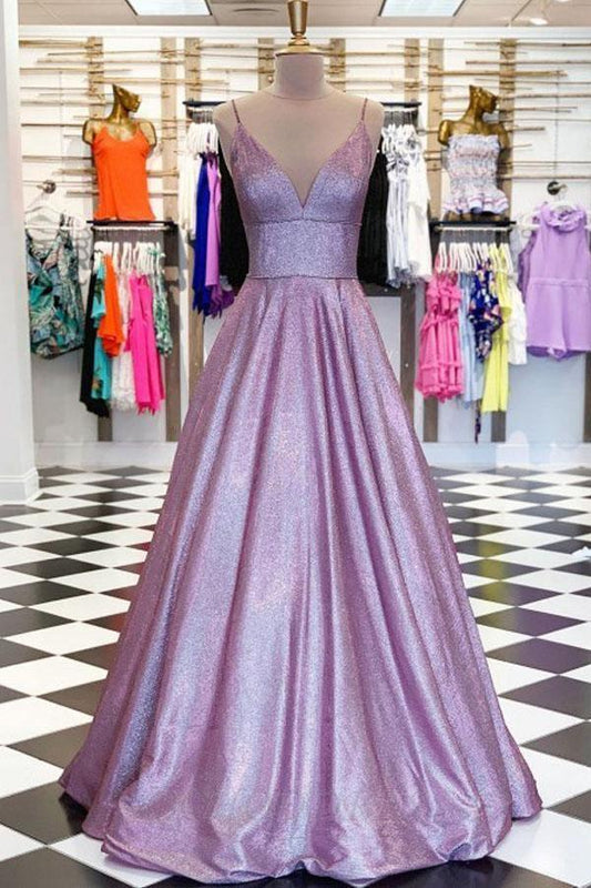 A-line V-neck Spaghetti Straps Purple Prom/Evening Dress with Pockets