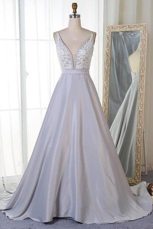 A-Line V-Neck Sweep Train Grey Satin Prom Dress with Appliques