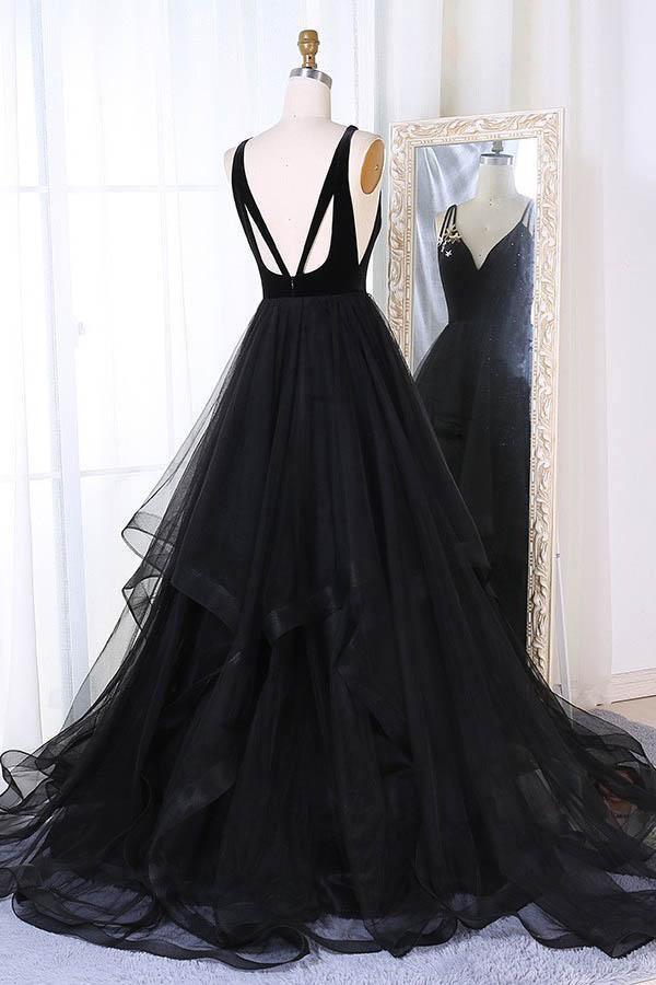 A-Line V-Neck Sweep Train Pleated Tiered Black Tulle Prom Dress