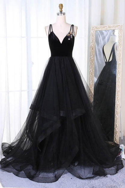 A-Line V-Neck Sweep Train Pleated Tiered Black Tulle Prom Dress