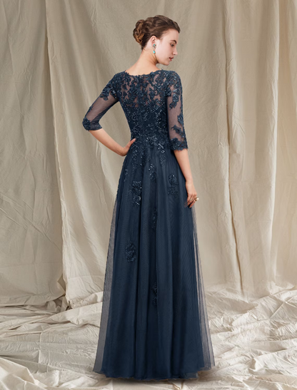 A-Line Mother of the Bride Dress Luxurious Elegant V Neck Floor Length Chiffon Lace Tulle Half Sleeve with Sequin Appliques
