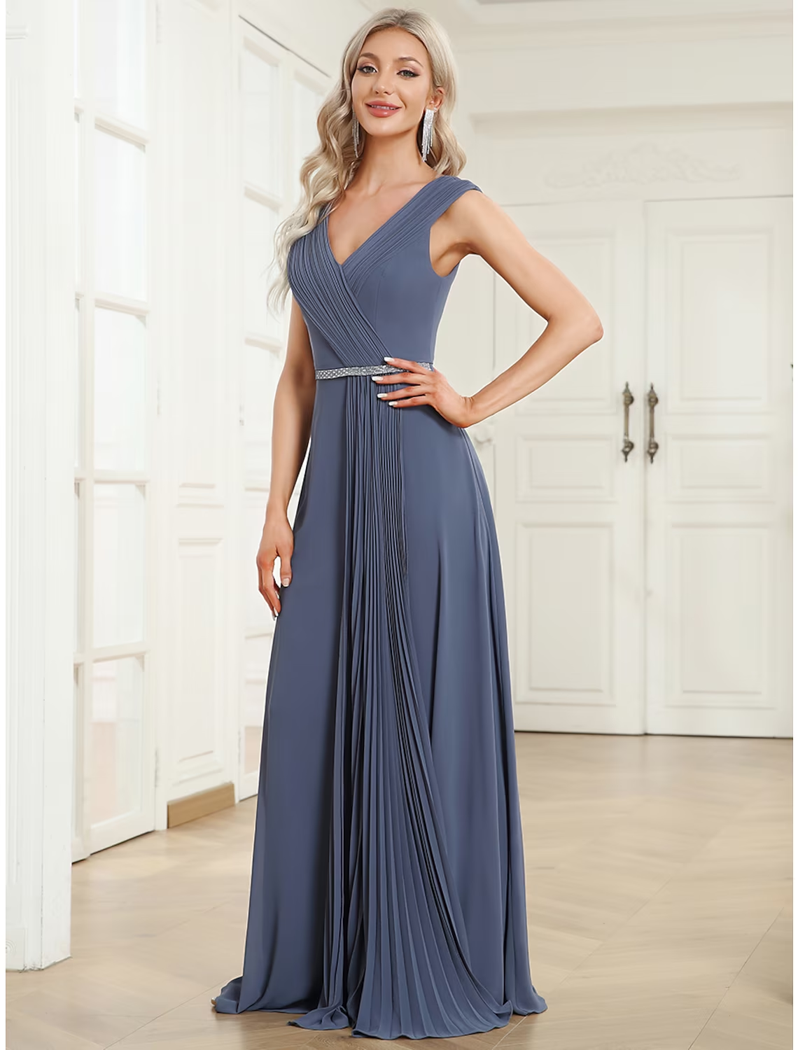 A-Line Wedding Guest Dresses Minimalist Dress Formal Floor Length Sleeveless V Neck Chiffon with Pleats