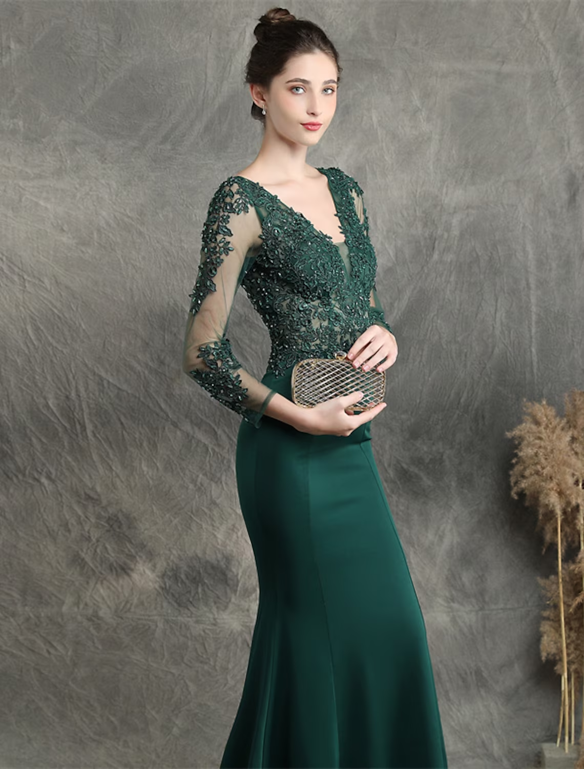 Prom Dresses Elegant Dress Formal Long Sleeve V Neck Cotton Blend with Beading Appliques