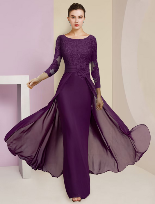 Mother of the Bride Dress Formal Elegant Scoop Neck Floor Length Chiffon Lace Sleeve with Appliques Flower