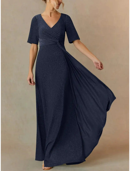 A-Line Mother of the Bride Dress Wedding Guest Elegant V Neck Floor Length Chiffon Short Sleeve with Ruching