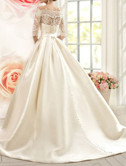 Engagement Formal Wedding Dresses Ball Gown Off Shoulder Half Sleeve Court Train Satin Bridal Gowns With Bow(s) Pleats