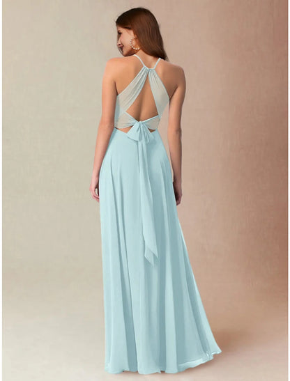 A-Line Bridesmaid Dress Halter Neck Sleeveless Elegant Floor Length Chiffon with Bow(s) / Split Front / Ruching