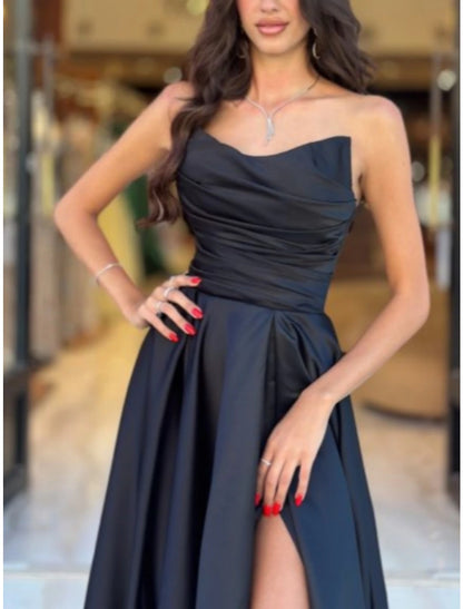 A-Line Evening Gown Black Dress Plus Size Elegant Dress Formal Court Train Sleeveless Strapless Satin with Pleats Ruched Slit