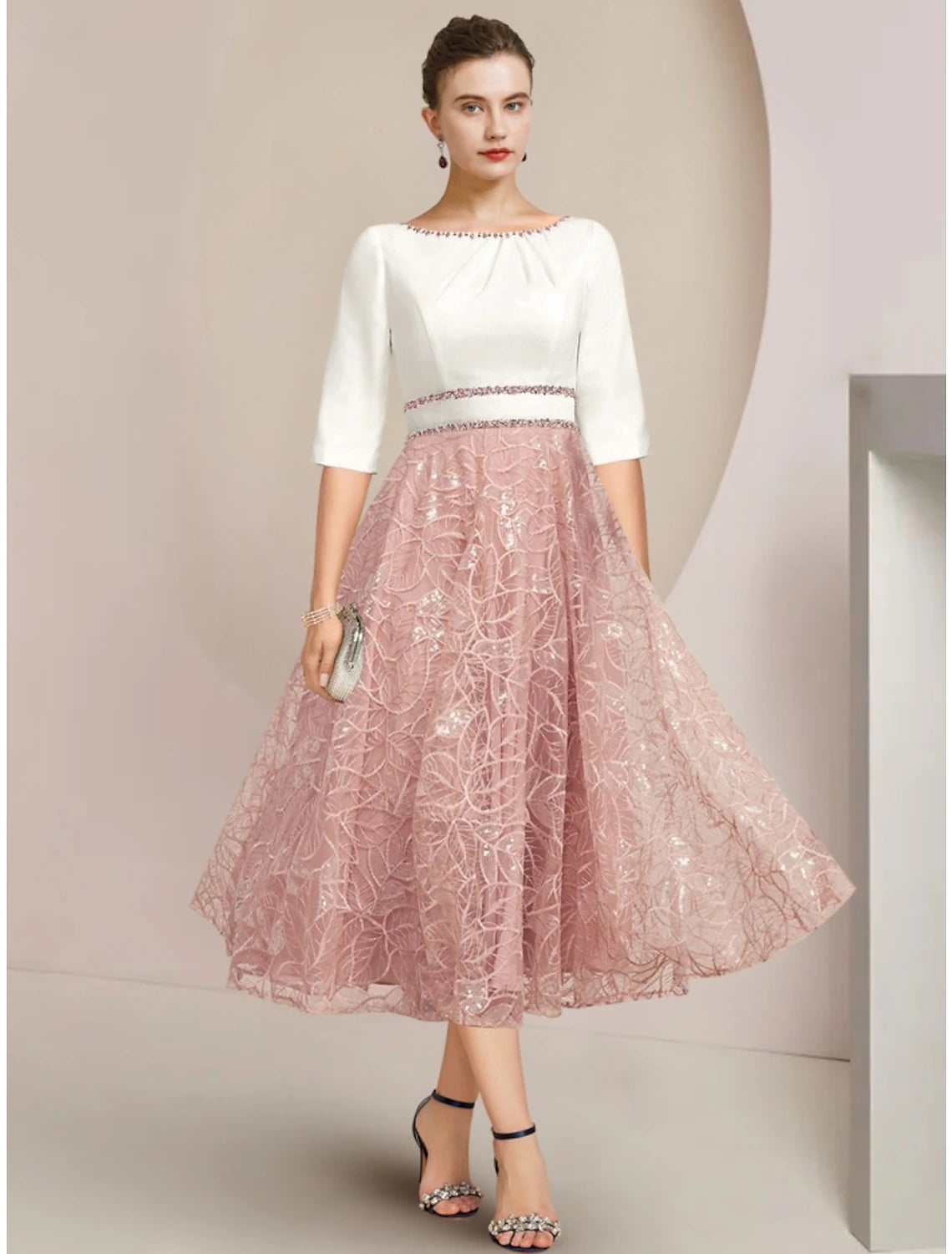 A-Line Mother of the Bride Dress Wedding Guest Elegant Petite Scoop Neck Tea Length Chiffon Lace Half Sleeve with Sequin Ruching