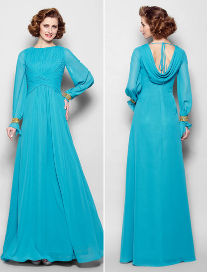 A-Line Mother of the Bride Dress Vintage Inspired Bateau Neck Floor Length Chiffon Long Sleeve No with Pleats