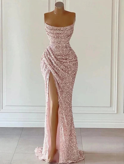 Sheath / Column Prom Dresses Elegant Dress Formal Prom Floor Length Sleeveless Strapless Sequined with Glitter Sequin