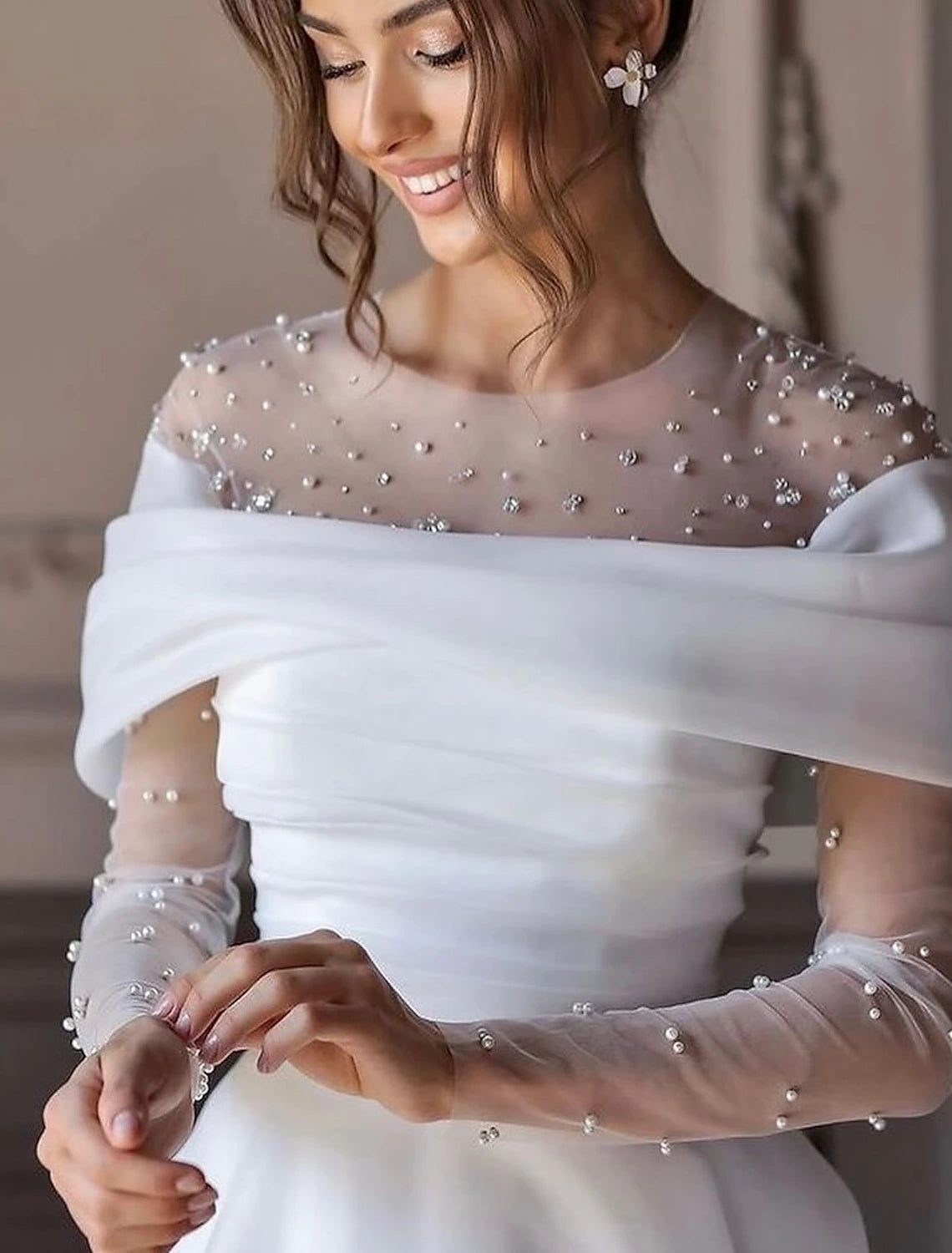 Simple Wedding Dresses Wedding Dresses A-Line V Neck Long Sleeve Court Train Chiffon Bridal Gowns With Pleats Ruched