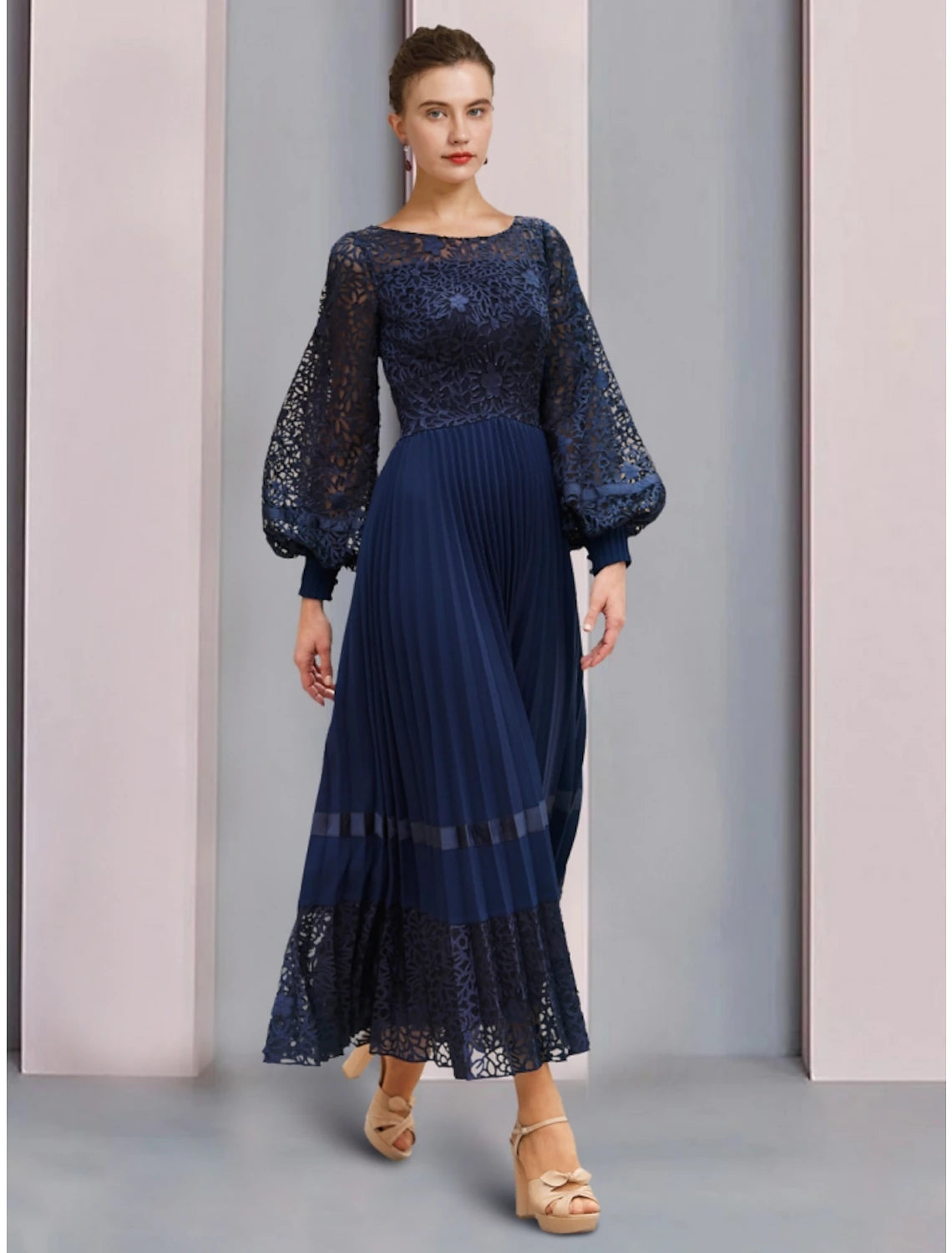 A-Line Mother of the Bride Dress Wedding Guest Elegant Scoop Neck Ankle Length Chiffon Lace Long Sleeve with Ruching Solid Color