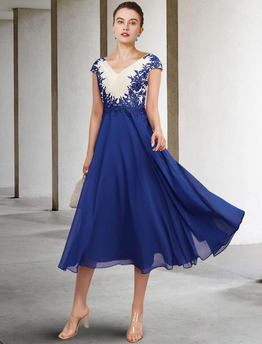 A-Line Mother of the Bride Dress Plus Size Elegant V Neck Chiffon Lace Cap Sleeve with Appliques Side-Draped