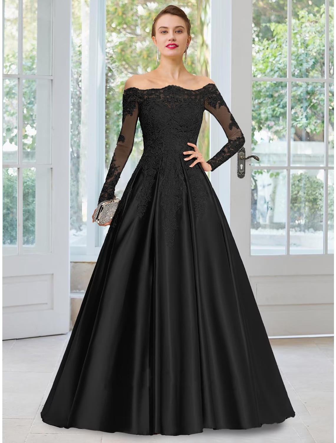 A-Line Evening Gown Black Dress Formal Court Train Long Sleeve Off Shoulder Lace with Appliques