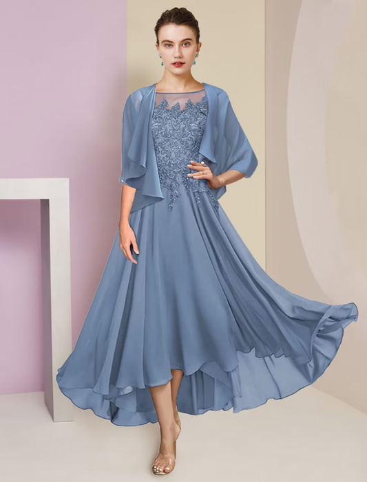 Two Piece A-Line Mother of the Bride Dress Formal Wedding Guest Elegant High Low Scoop Neck Asymmetrical Chiffon Lace Short Sleeve Wrap Included with Sequin Appliques