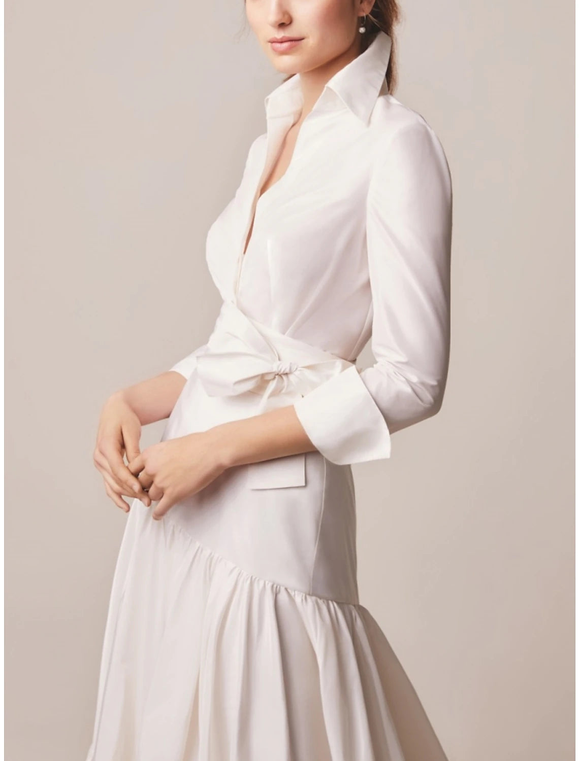 A-Line Mother of the Bride Dress Wedding Guest Elegant Shirt Collar Sweep / Brush Train Taffeta Long Sleeve with Bow(s) Ruching