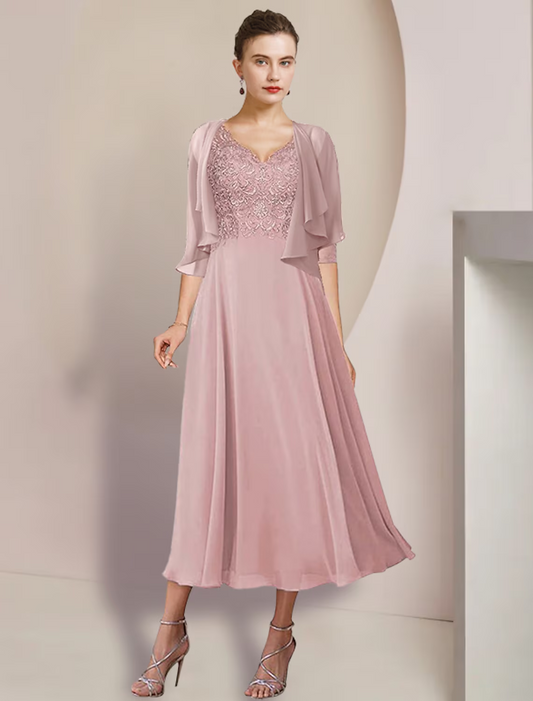 Two Piece A-Line Mother of the Bride Dress Formal Wedding Guest Elegant V Neck Chiffon Lace Sleeve Wrap Included with Appliques