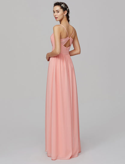 A-Line Spaghetti Strap Floor Length Chiffon Bridesmaid Dress with Criss Cross / Split Front