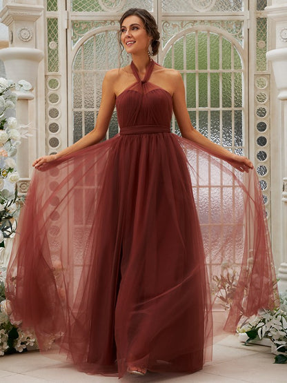 A-Line/Princess Tulle Ruffles Halter Sleeveless Floor-Length Bridesmaid Dresses