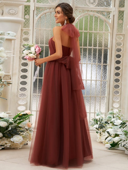 A-Line/Princess Tulle Ruffles Halter Sleeveless Floor-Length Bridesmaid Dresses
