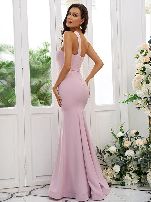 Sheath/Column Stretch Crepe Ruffles One-Shoulder Sleeveless Floor-Length Bridesmaid Dresses
