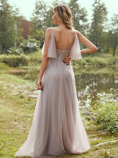 A-Line/Princess Tulle Ruffles V-neck Sleeveless Floor-Length Bridesmaid Dresses