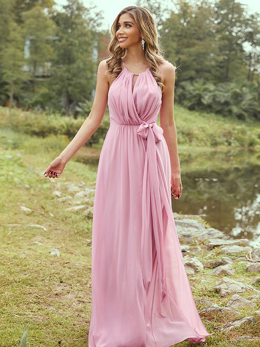 A-Line/Princess Chiffon Ruffles Halter Sleeveless Sweep/Brush Train Bridesmaid Dresses