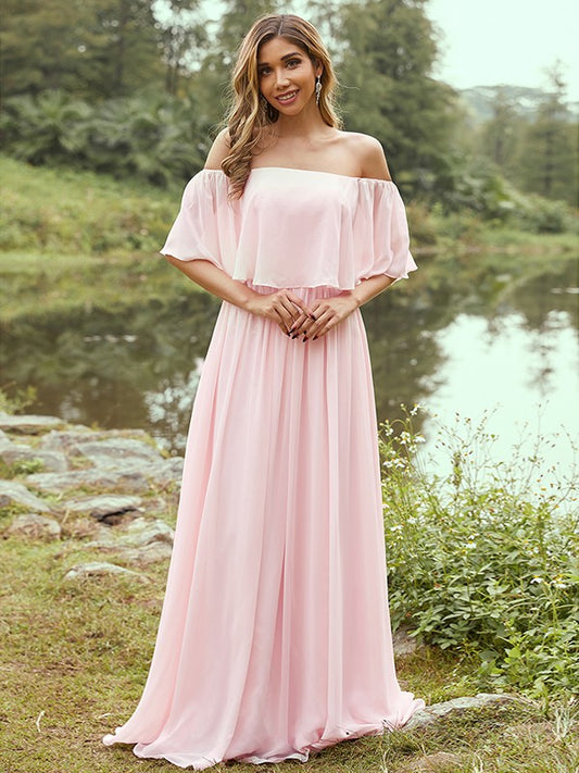 A-Line/Princess Chiffon Ruffles Off-the-Shoulder Short Sleeves Sweep/Brush Train Bridesmaid Dresses