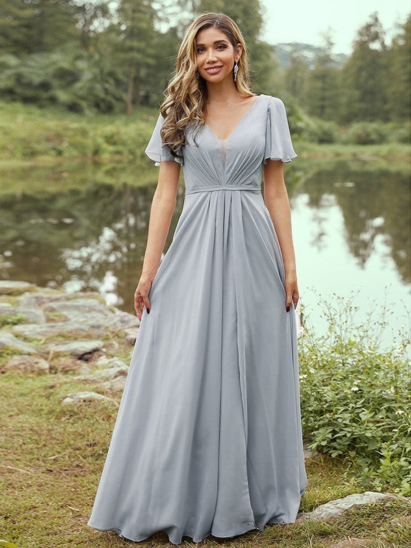 A-Line/Princess Chiffon Ruffles V-neck Short Sleeves Floor-Length Bridesmaid Dresses