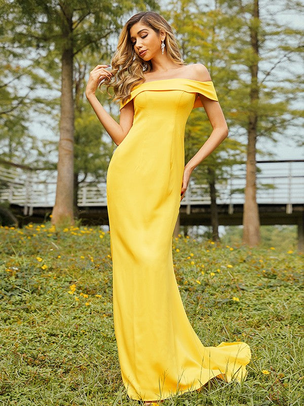 Sheath/Column Jersey Ruched Off-the-Shoulder Sleeveless Sweep/Brush Train Bridesmaid Dresses