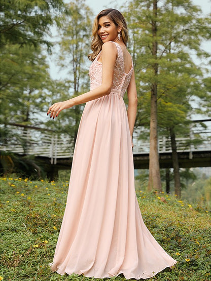 A-Line/Princess Chiffon Lace V-neck Sleeveless Floor-Length Bridesmaid Dresses