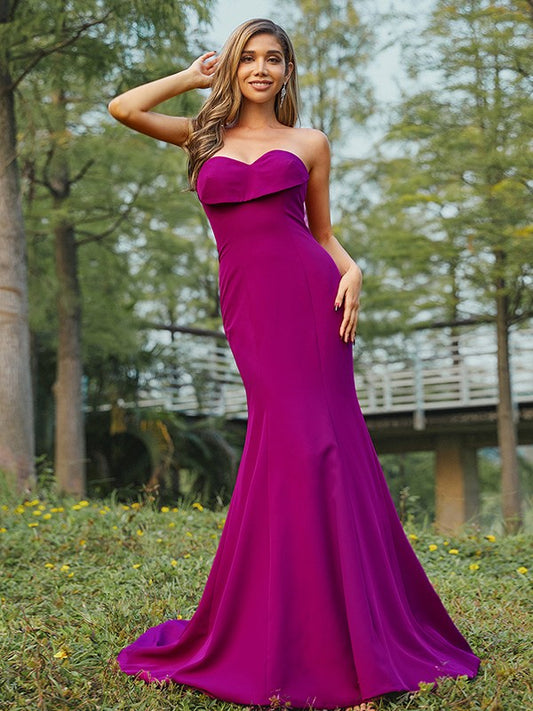 Sheath/Column Stretch Crepe Ruched Sweetheart Sleeveless Sweep/Brush Train Bridesmaid Dresses