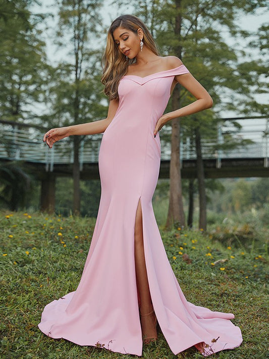 Sheath/Column Stretch Crepe Ruched Off-the-Shoulder Sleeveless Sweep/Brush Train Bridesmaid Dresses