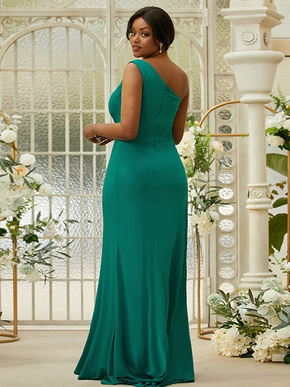 Sheath/Column Jersey Ruffles One-Shoulder Sleeveless Sweep/Brush Train Bridesmaid Dresses