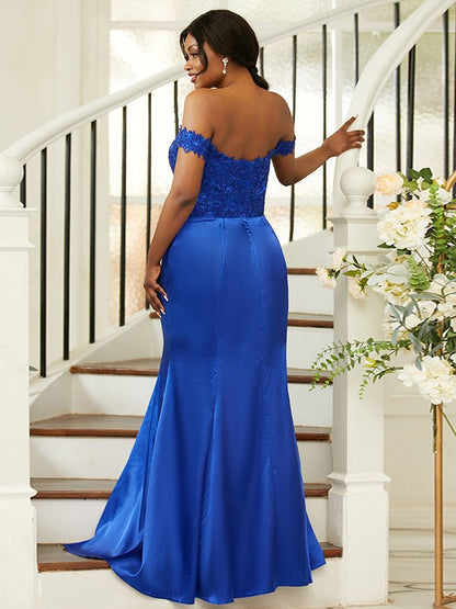 Sheath/Column Silk like Satin Applique Off-the-Shoulder Sleeveless Sweep/Brush Train Bridesmaid Dresses