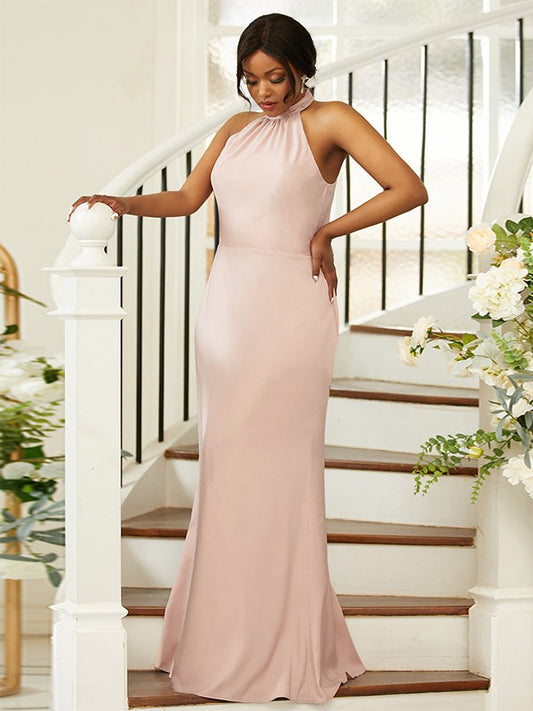 Sheath/Column Silk like Satin Ruched Halter Sleeveless Floor-Length Bridesmaid Dresses