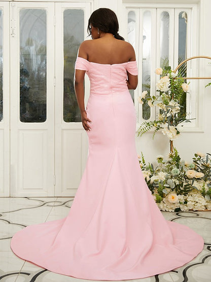 Sheath/Column Stretch Crepe Ruched Off-the-Shoulder Sleeveless Sweep/Brush Train Bridesmaid Dresses