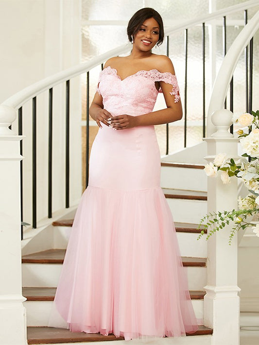 Sheath/Column Stretch Crepe Lace Off-the-Shoulder Sleeveless Floor-Length Bridesmaid Dresses