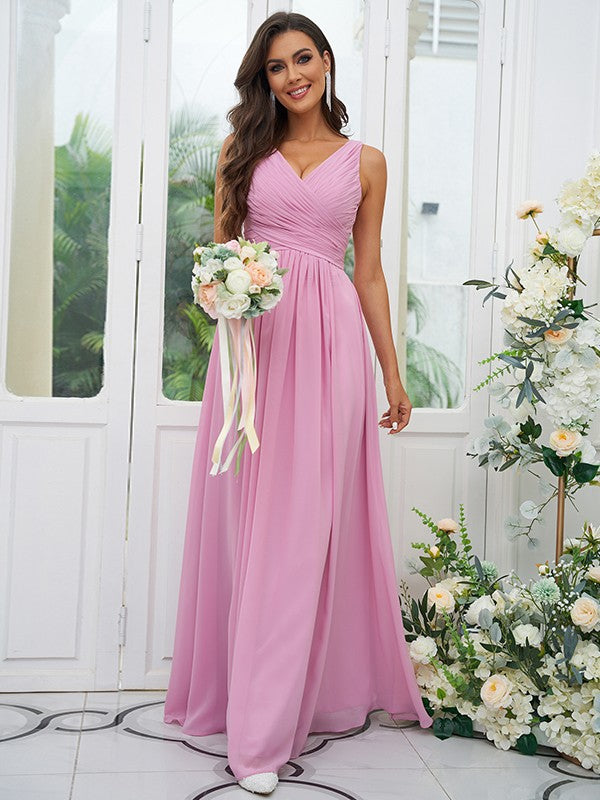 A-Line/Princess Chiffon Ruffles V-neck Sleeveless Floor-Length Bridesmaid Dresses