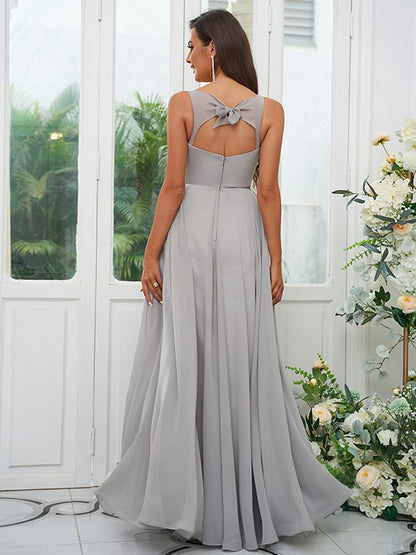 A-Line/Princess Chiffon Ruffles V-neck Sleeveless Floor-Length Bridesmaid Dresses