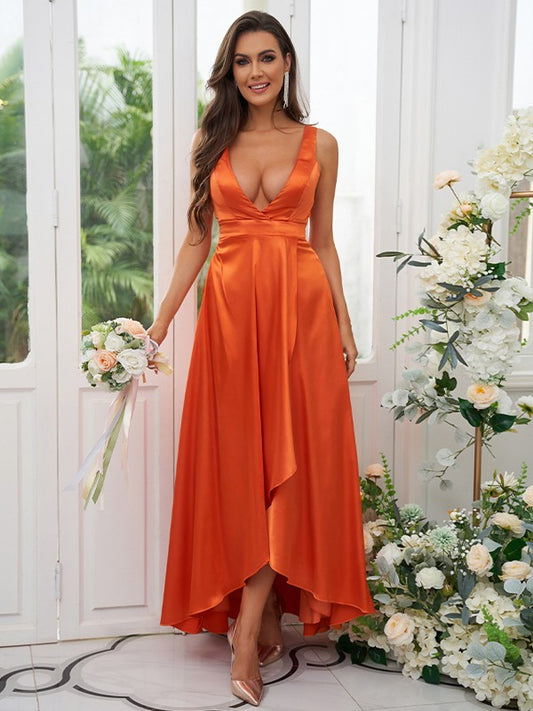 A-Line/Princess Silk like Satin Ruffles V-neck Sleeveless Ankle-Length Bridesmaid Dresses