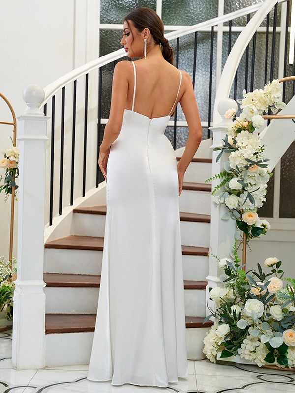 A-Line/Princess Silk like Satin Ruffles Spaghetti Straps Sleeveless Floor-Length Bridesmaid Dresses