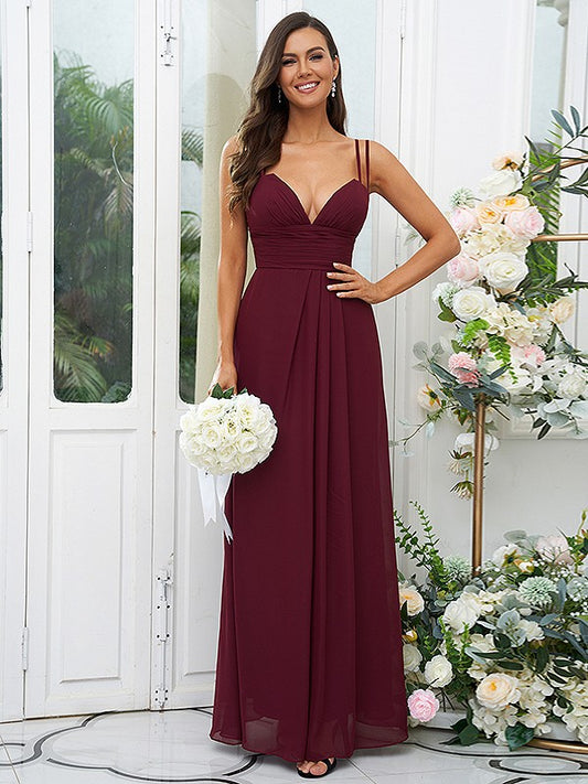 A-Line/Princess Chiffon Ruched V-neck Sleeveless Floor-Length Bridesmaid Dresses