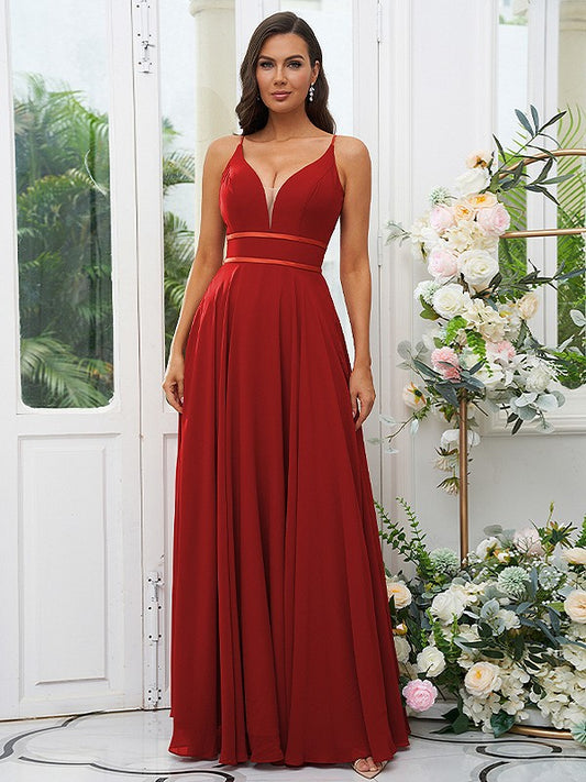 A-Line/Princess Chiffon Ruffles V-neck Sleeveless Floor-Length Bridesmaid Dresses