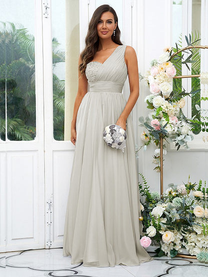 A-Line/Princess 30D Chiffon Sequin One-Shoulder Sleeveless Floor-Length Bridesmaid Dresses