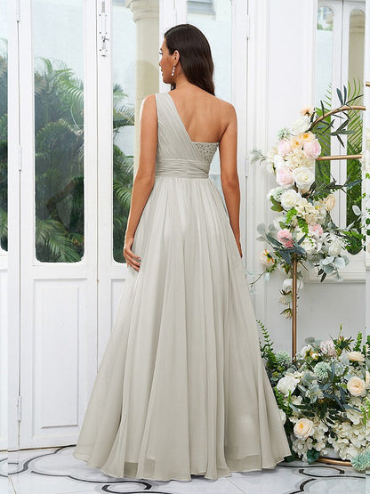 A-Line/Princess 30D Chiffon Sequin One-Shoulder Sleeveless Floor-Length Bridesmaid Dresses