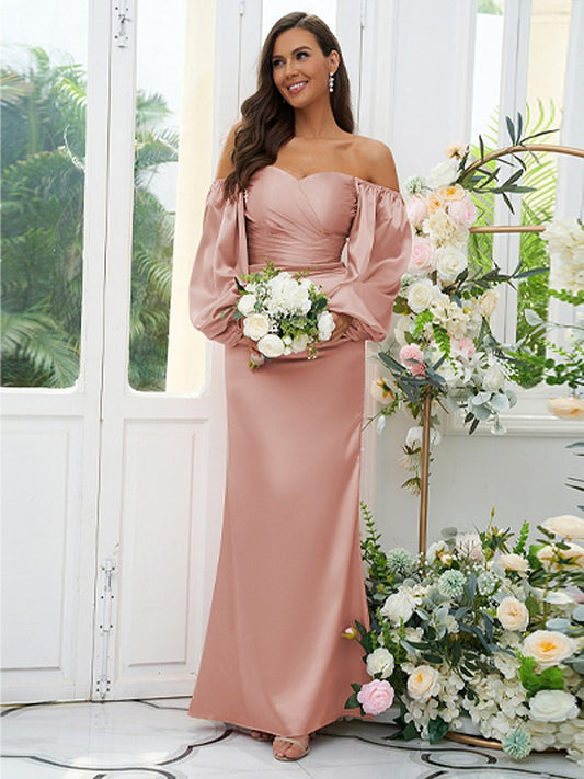 Sheath/Column Silk like Satin Ruched Off-the-Shoulder Long Sleeves Floor-Length Bridesmaid Dresses