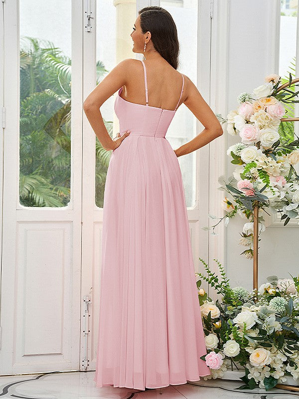 A-Line/Princess Chiffon Ruffles V-neck Sleeveless Floor-Length Bridesmaid Dresses